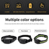 Three options of a black dog training collar are shown: black and white, pure black, and fluorescent green.
