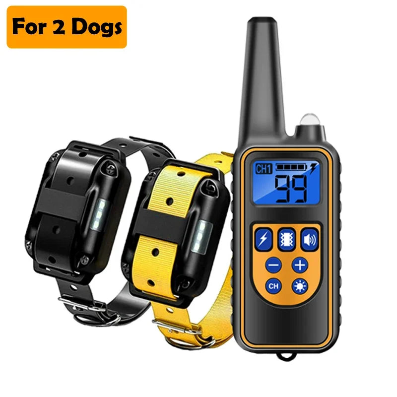 Black remote dog training collar with LCD display and antenna for two dogs