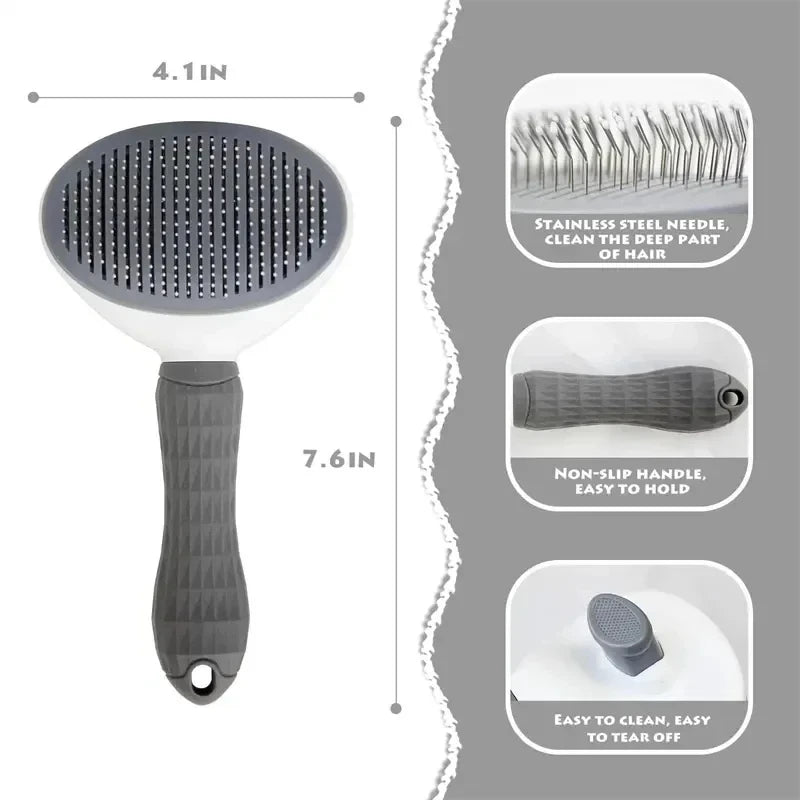 A gray pet hair remover grooming brush with a silicone handle and a stainless steel needle for cleaning hair.