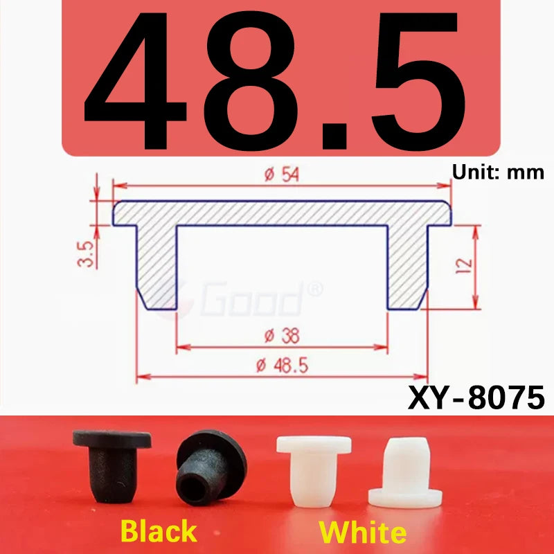 Black and white silicone rubber hole plugs with various sizes shown on a red surface
