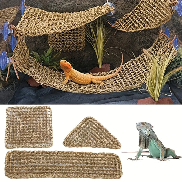 A reptile hammock lounger is shown with a lizard resting on it against a dark rock background.