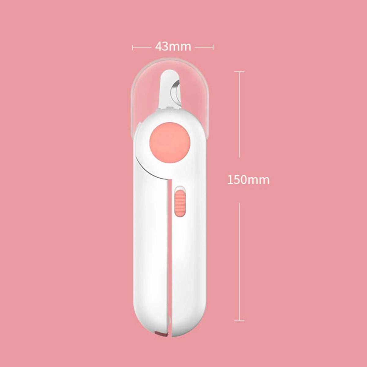 A white professional pet nail clipper with a pink LED light feature shown against a pink background.