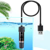 A black USB mini aquarium heater with a coiled wire is shown submerged in blue water near aquatic plants.
