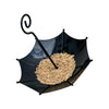 Black umbrella-shaped hanging bird feeder filled with seeds