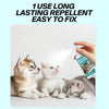 A hand holds a spray bottle of long-lasting repellent while three kittens rest on a white surface.