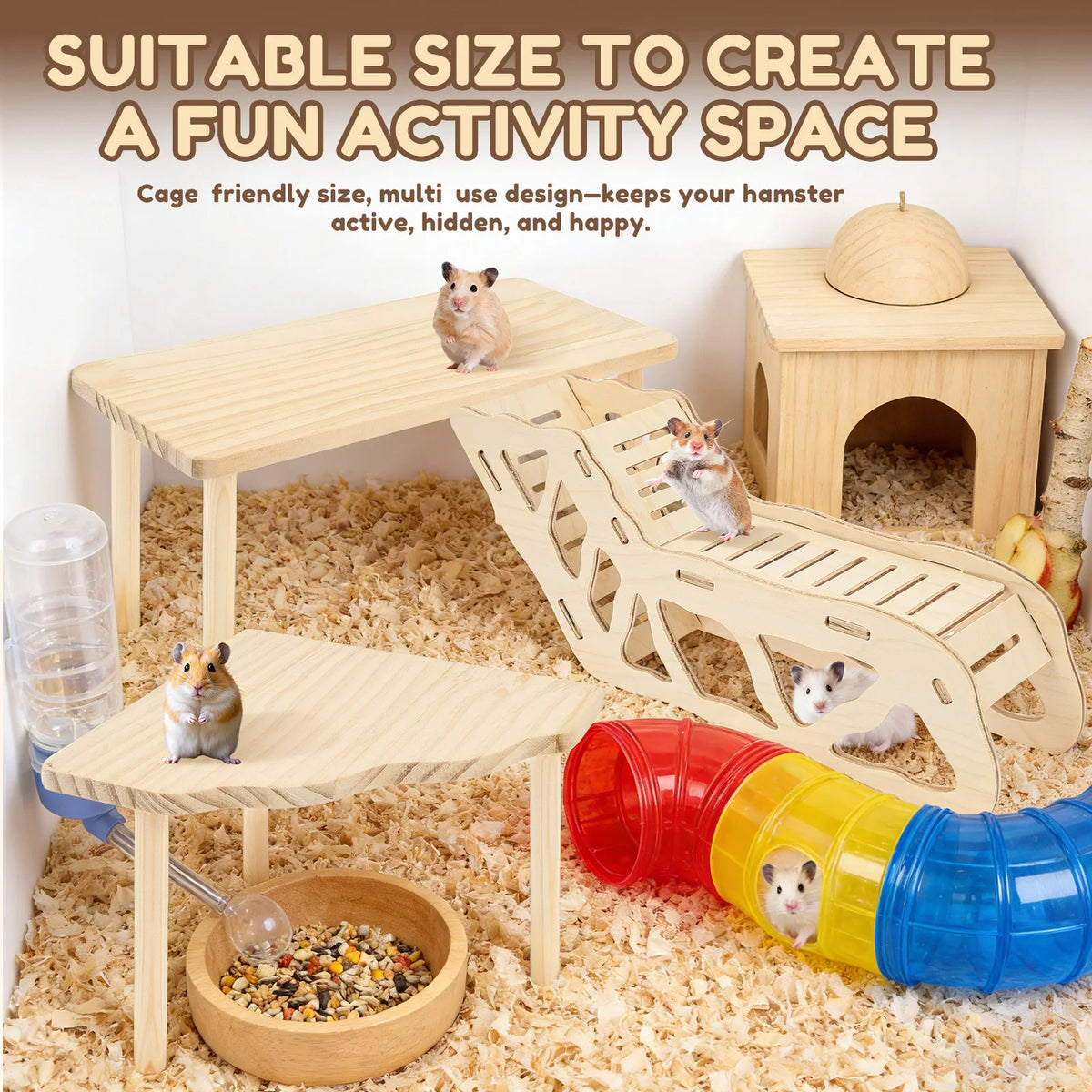 A natural wood hamster climbing and exercise set featuring a wooden house, ramp, and food bowl in a bedding environment.