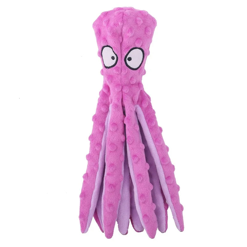 A bright pink, squishy plush toy shaped like a tentacle for dogs and cats.
