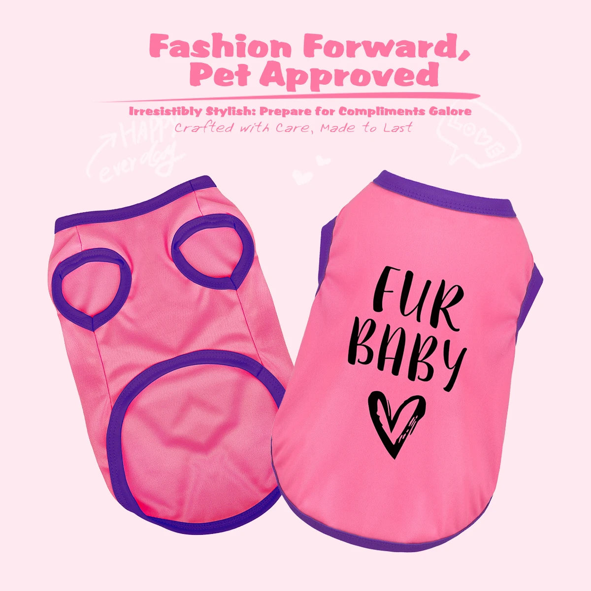 Pink dog shirt set with purple trim featuring the text Fur Baby and a heart design