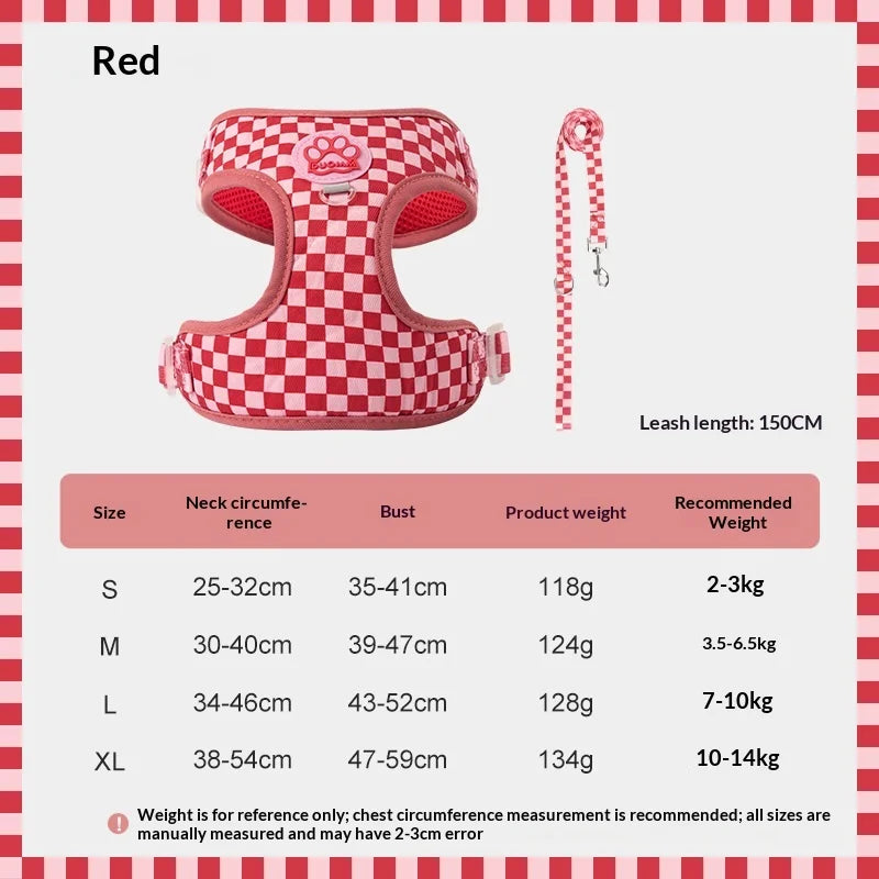 Red checkered no-pull dog harness with a leash for small dogs shown in a flat lay view