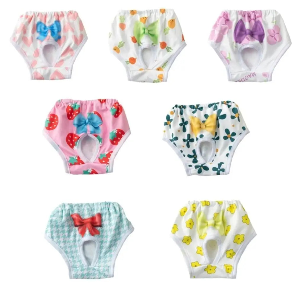 A collection of reusable dog physiological pants in various patterns and colors.
