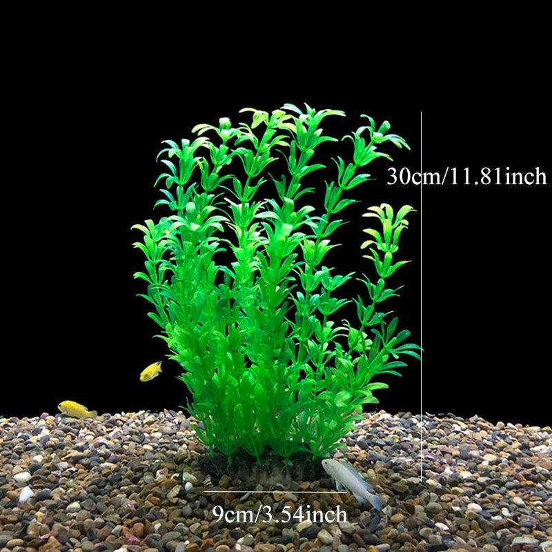 Un touffe de plantes aquatiques artificielles vert vif plantées dans un substrat de gravier.