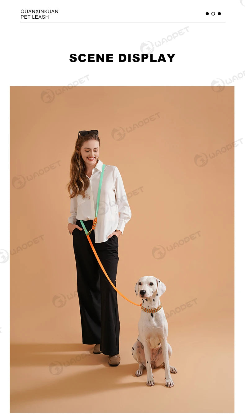 A woman is holding a colorful dog leash connected to a white dog, demonstrating the pet leash.