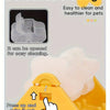 A yellow dog food puzzle dispenser with a detachable design showing how to press up and take out the food.
