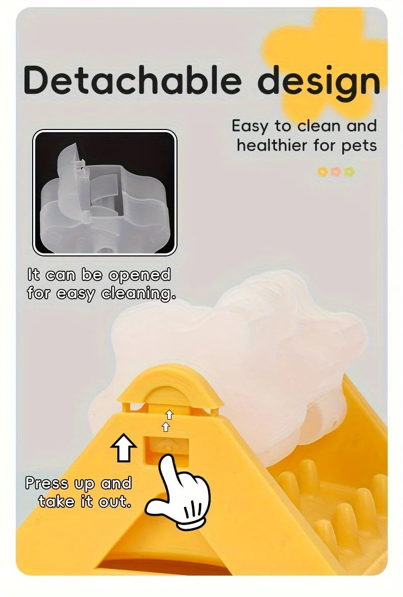 A yellow dog food puzzle dispenser with a detachable design showing how to press up and take out the food.