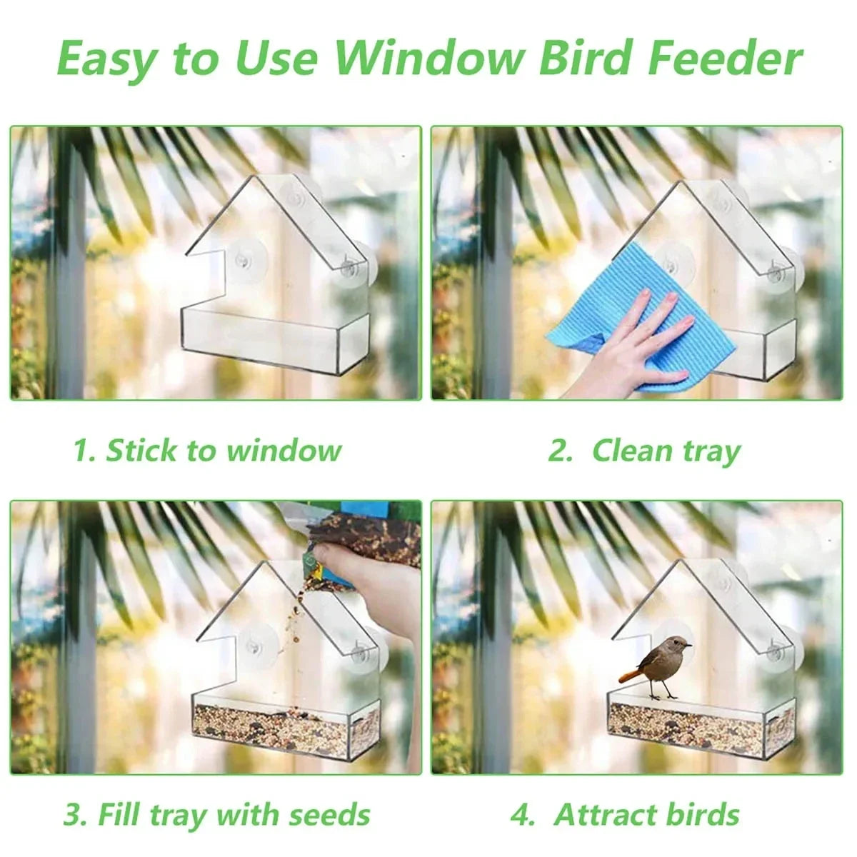 Instructions pour utiliser un mangeoire à oiseaux transparente, montrant comment la fixer à la fenêtre, nettoyer le plateau, 