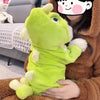 A person is holding a bright lime green plush dog hoodie with animal ears, wearing a brown fleece jacket.