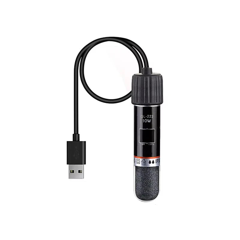 A black USB mini aquarium heater with a coiled wire and a cylindrical body is shown.