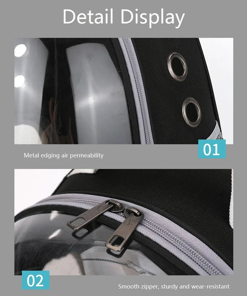 Detail display showing metal edging air permeability and a smooth zipper on a black pet carrier backpack