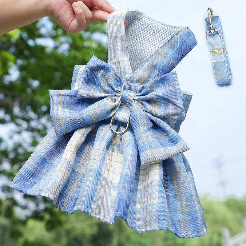 A blue and yellow plaid pet dress-up outfit with a bow and matching harness is being held by a hand.