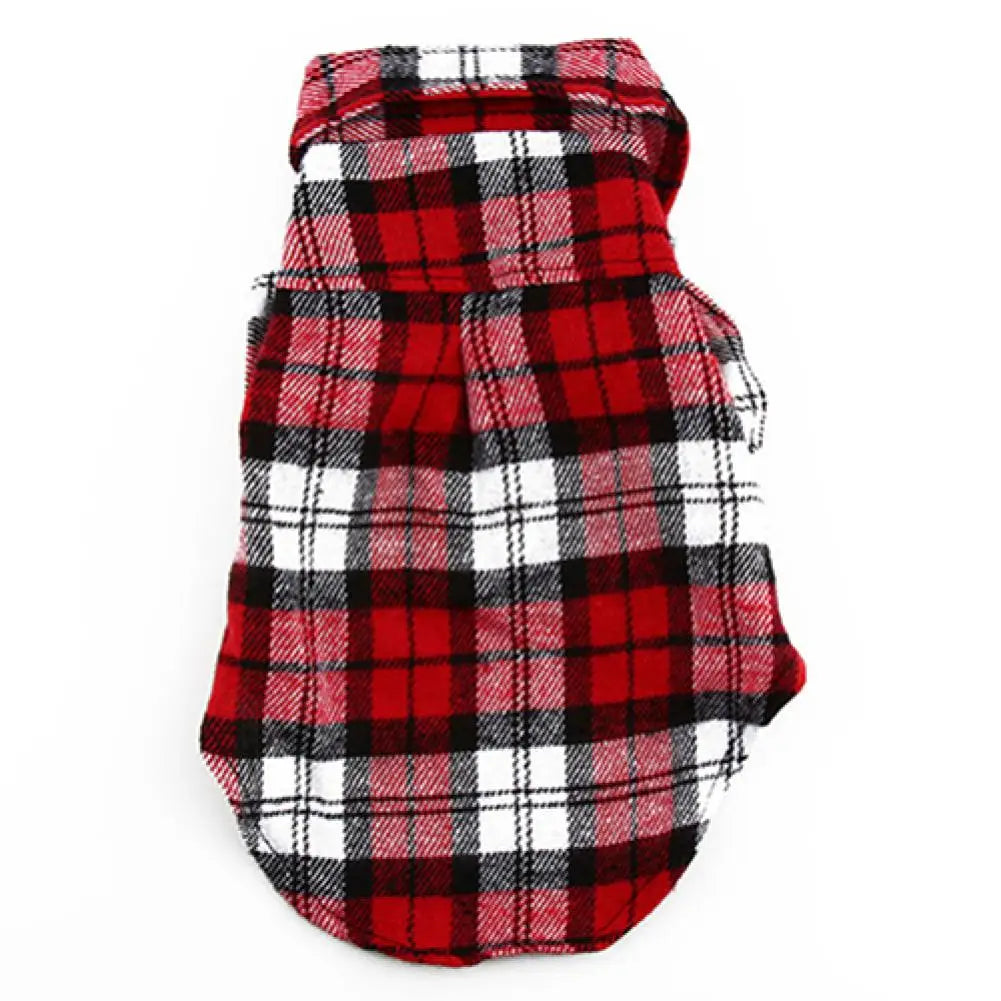 A red and black plaid button-up shirt for pets