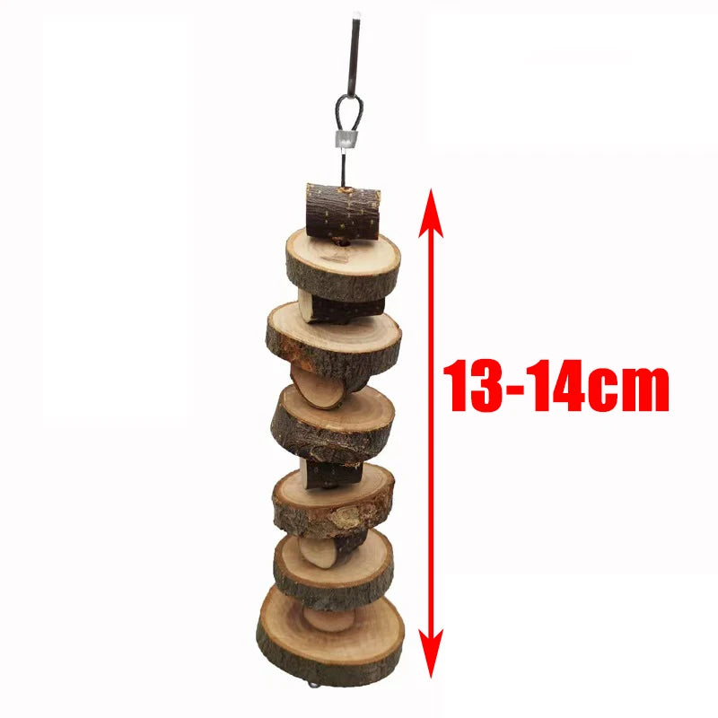 A stack of natural wooden chew toys or blocks, showing various sizes and a vertical measurement scale.