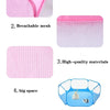 Diagram showing five features of a pink foldable pet playpen including support wire, breathable mesh, high-quality materials,