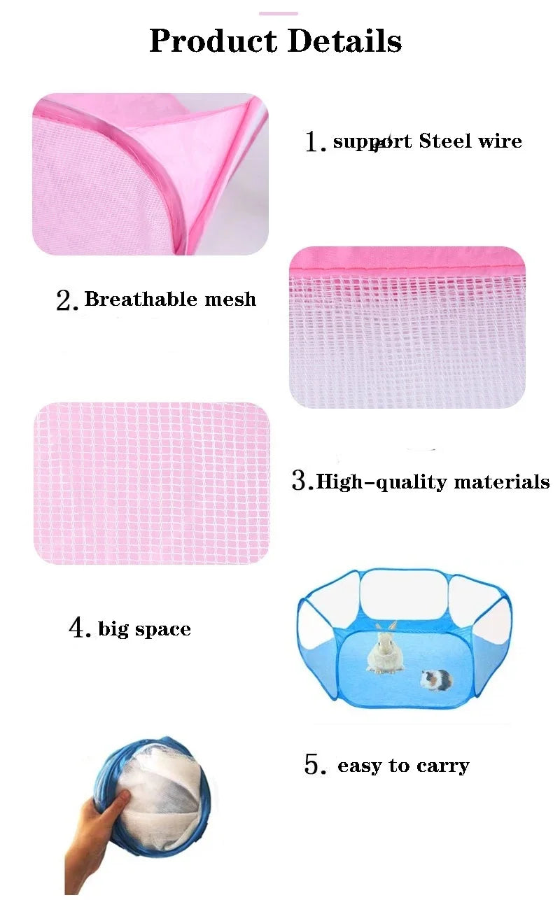 Diagram showing five features of a pink foldable pet playpen including support wire, breathable mesh, high-quality materials,
