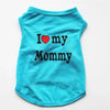 A bright blue pet vest for a dog or kitten with the text I love my Mommy printed on the front.