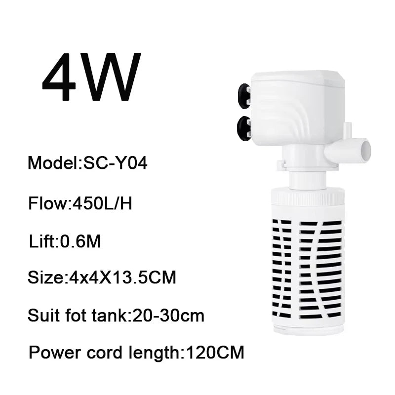 White submersible aquarium filter pump with a power cord and various specifications listed.