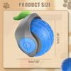 A blue and gray automatic electric cat ball toy is shown with a green ball on top, illustrating its size.