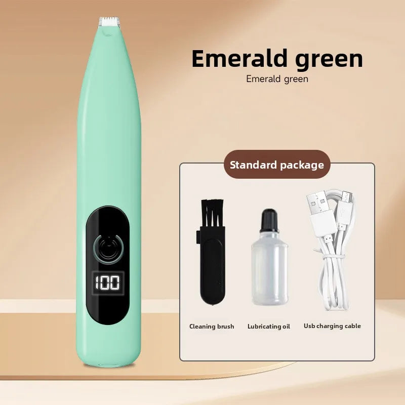 Emerald green low noise electric pet hair trimmer with cleaning brush lubricating oil and USB charging cable in a standard pa