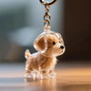 Una pequeña figura de perro de color marrón claro está sujeta a un anillo de llavero plateado.