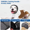 A white dog wearing a black calming hoodie for anxiety relief, shown alongside product details.