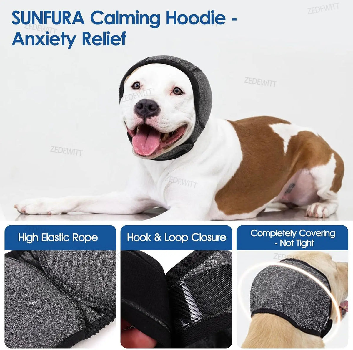A white dog wearing a black calming hoodie for anxiety relief, shown alongside product details.