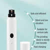 A white rechargeable electric dog nail grinder is shown standing on a light surface with feature callouts.