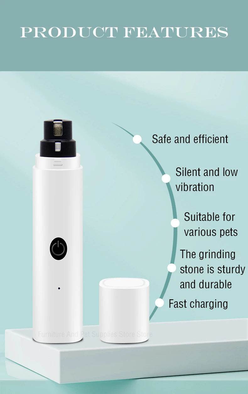 A white rechargeable electric dog nail grinder is shown standing on a light surface with feature callouts.