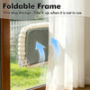Foldable frame for a cordless cat window perch hammock with suction cups shown in a window.