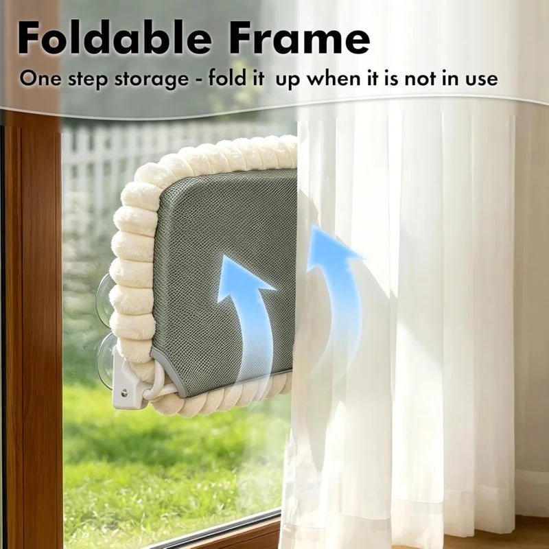 Foldable frame for a cordless cat window perch hammock with suction cups shown in a window.