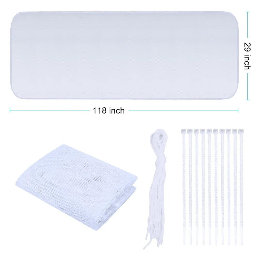 A white multipurpose safety net for balcony and stairs, shown as a flat sheet, folded cloth, and individual vertical strands.