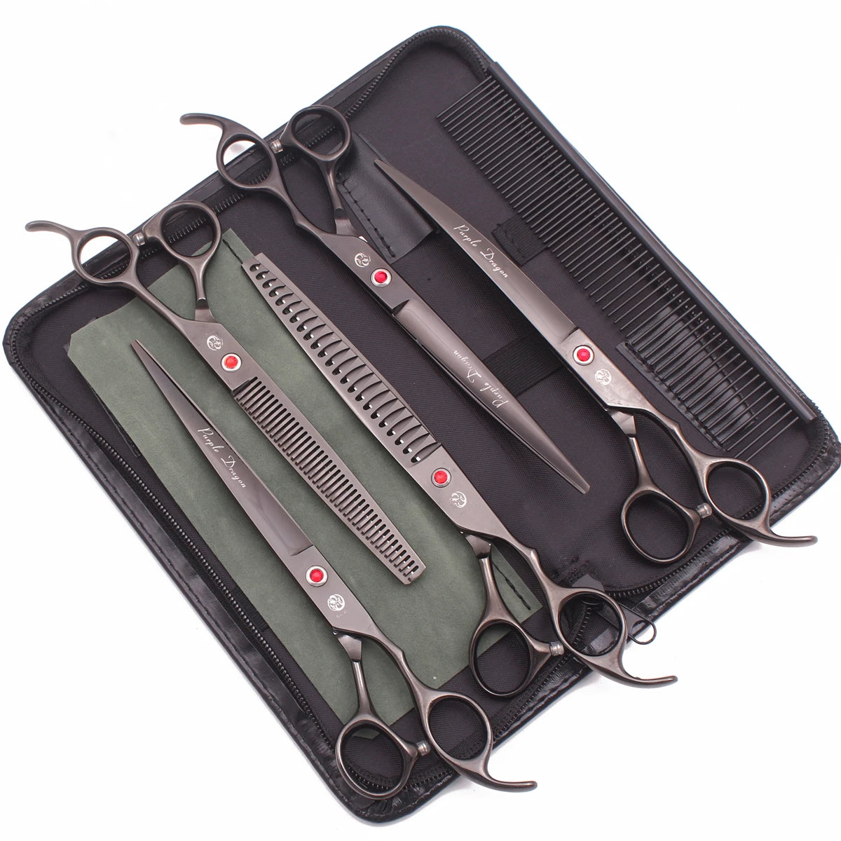 Set professioneller Edelstahl-Pflegeschere für Haustiere in einer schwarzen Ziptasche.