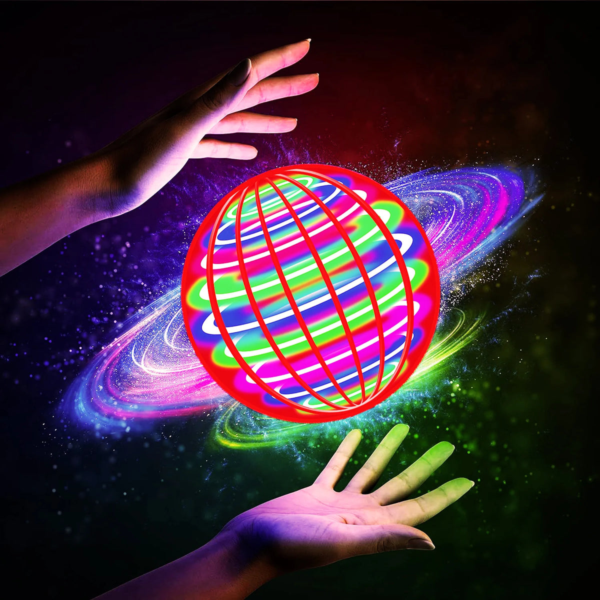 A hand is holding a glowing, spherical LED flying boomerang ball with colorful lights against a dark, cosmic background.