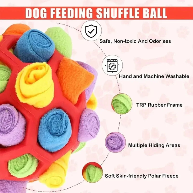 Roter Hund, der einen Shuffle-Ball aus farbigem Fleece mit Gummurahmen und Versteckmöglichkeiten füttert