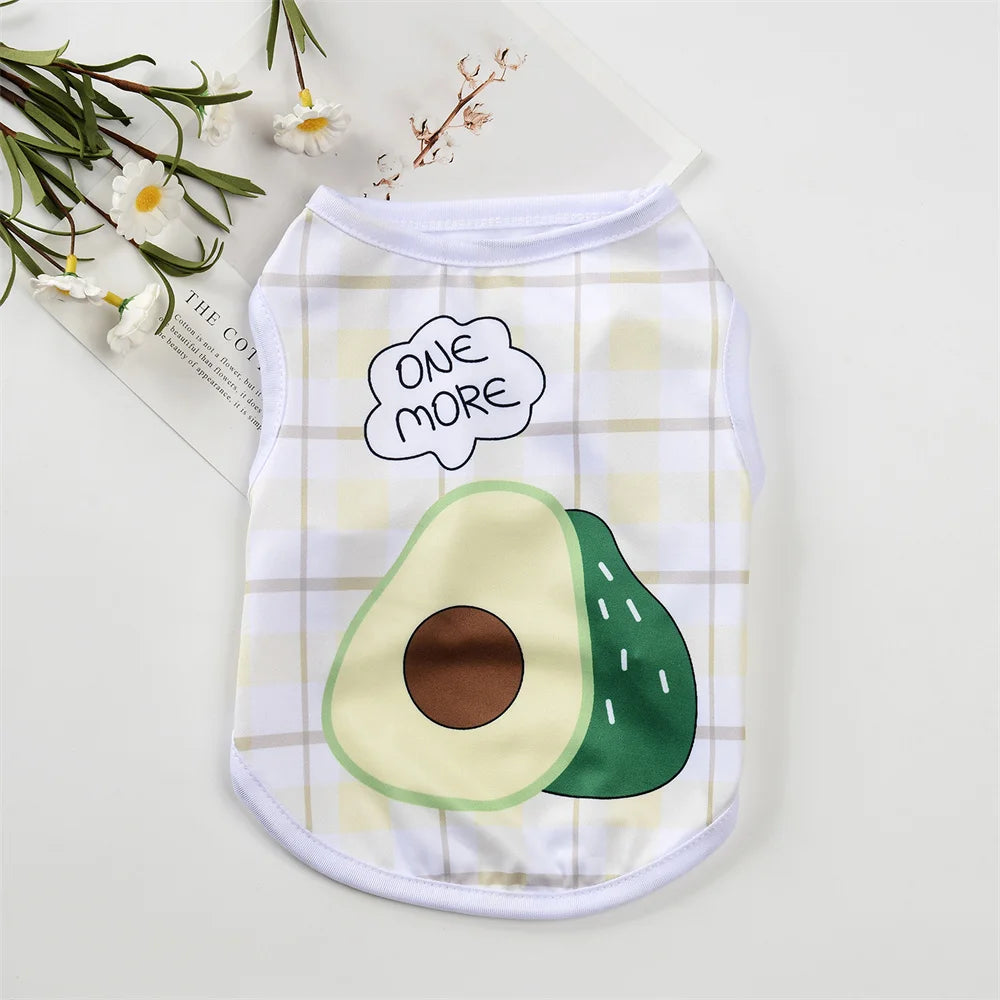 A white dog vest shirt featuring a cute avocado print and the text One More
