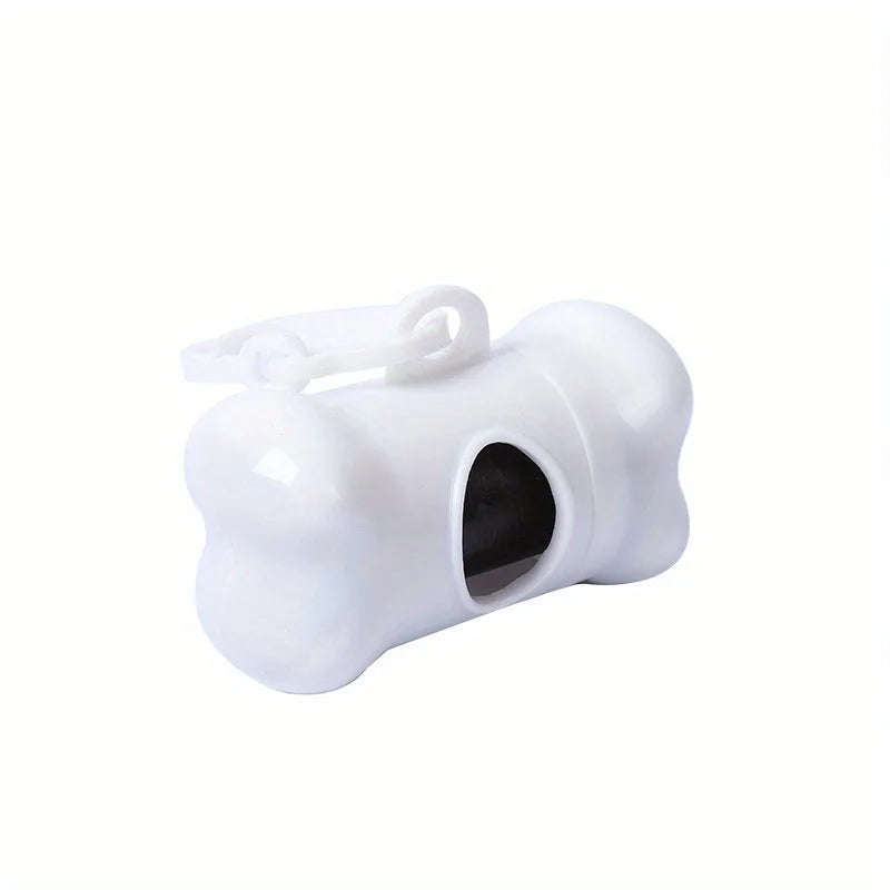 White bone-shaped pet poop bags dispenser with a hinged opening.