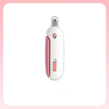 A white interactive cat sounding toy with a pink body and a silver top, shown against a white background.