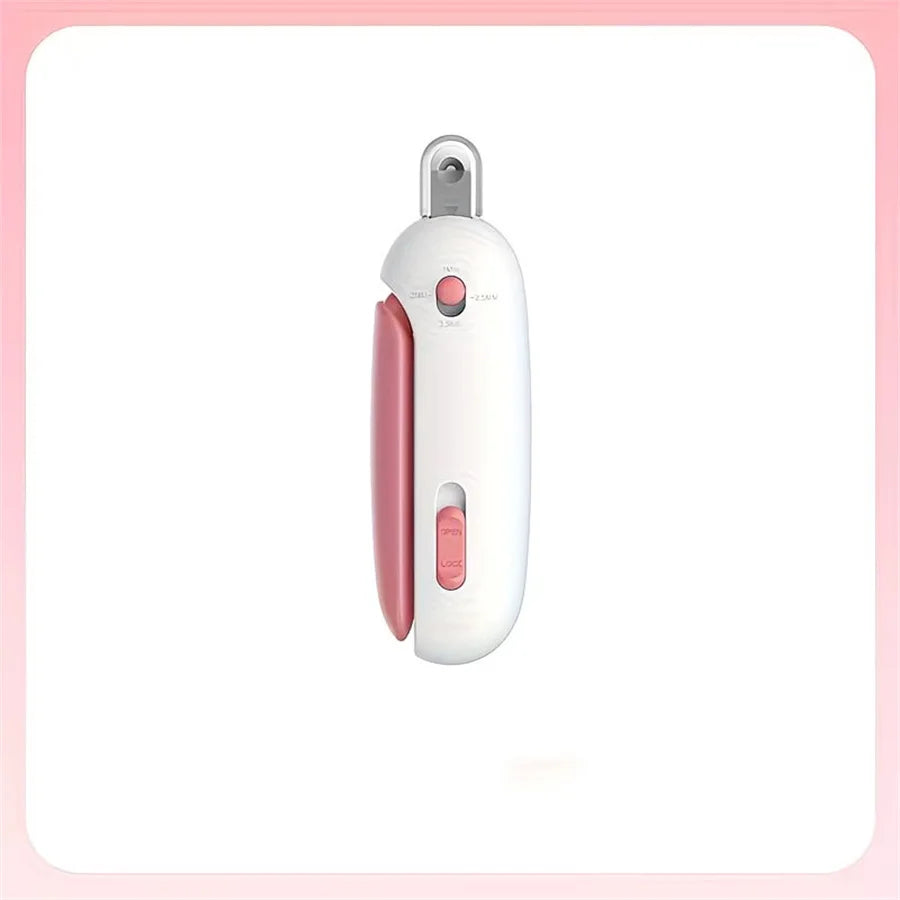 A white interactive cat sounding toy with a pink body and a silver top, shown against a white background.