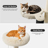 A fluffy cat is resting in a cozy cat basket and a striped cat is napping on a plush perch.