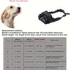 Adjustable soft dog muzzle shown with various sizes and measurement options for training.