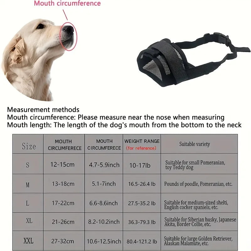Adjustable soft dog muzzle shown with various sizes and measurement options for training.