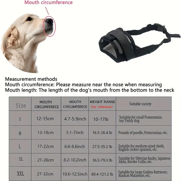 Adjustable soft dog muzzle shown with various sizes and measurement options for training.